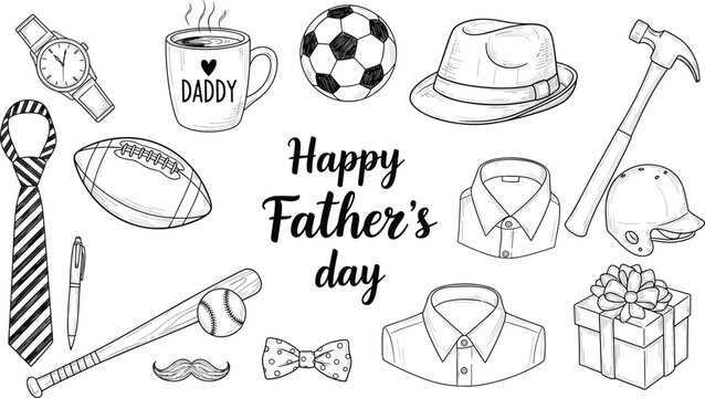 Happy Father's Day hand drawn vector set with classic dad gift icons including necktie coffee mug wristwatch tools sports gear and stylish hat for greeting card designs