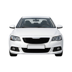 Naklejka premium Sleek white sedan car with black grill and headlights, isolated on transparent background