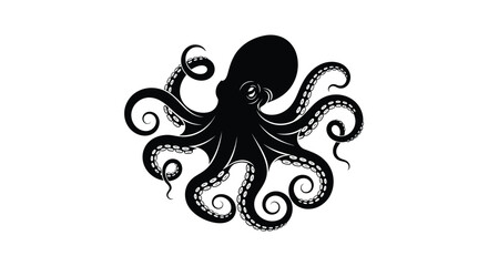 A striking black octopus illustration with swirling tentacles and a defined head shape presented as a silhouette high quality professional detailed © GDOthoi02
