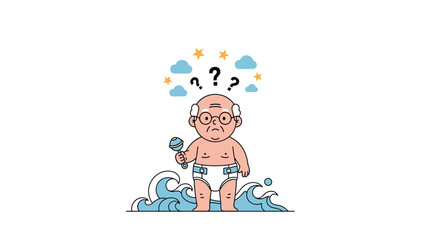 Fototapeta premium Surreal illustration of an elderly man dressed in a diaper holding a baby rattle while standing in ocean waves under a cloudy sky with questions.