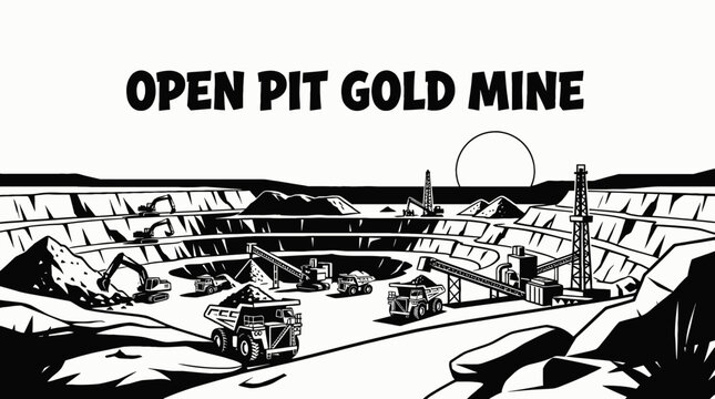 open pit gold mining industry excavation mineral resource quarry machinery heavy equipment extraction desert landscape industrial environment energy black and white vector illustration