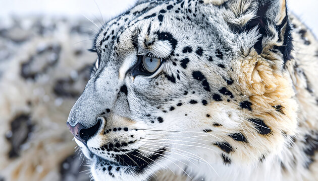 A snow leopard in a winter landscape, symbol of wilderness, resilience, and natural beauty in cold mountain environments