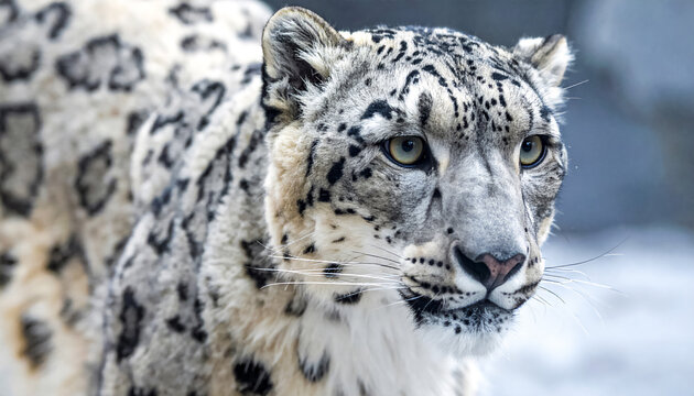 A snow leopard in a winter landscape, symbol of wilderness, resilience, and natural beauty in cold mountain environments