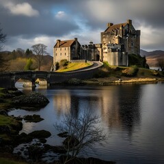 Obraz premium A serene castle stands majestically on a hill by a tranquil lake, captured in a nice photo (65).jpg, with a winding path and a bridge