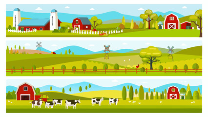 Colorful farm landscape with barns fields cows and rolling hills © Amrita