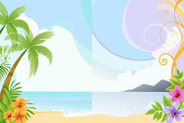 Obraz premium Tropical beach scene with palm trees flowers and a serene ocean