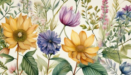 Fototapeta premium vintage botanical watercolor floral design with isolated summer plant pattern in natural style