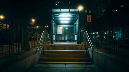 Empty Subway Entrance at Night