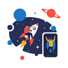 Fototapeta premium Virtual Reality Users Exploring Cosmos on a Rocket Enjoying Immersive Digital Adventures and Modern Game
