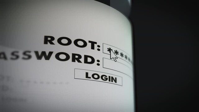 Curved digital interface showing root login and password fields with cursor interaction, symbolizing cybersecurity, authentication, hacking risk and server access control in a dark tech environment.
