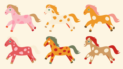 Colorful cartoon horses with polka dots and stylized manes are displayed © Amrita