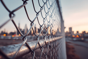 Metal Fence with City Skyline Background