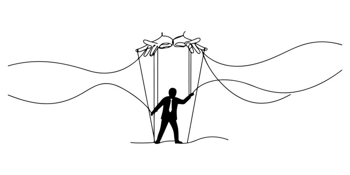 Continuous one line of a puppet strings controlling a politician, drawn illustration.