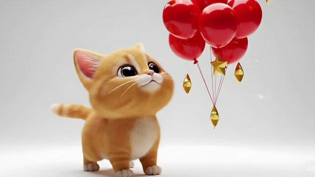 A playful 3d kitten looks up in excitement at a bunch of floating red balloons decorated with hanging gold stars on a clean white background.
