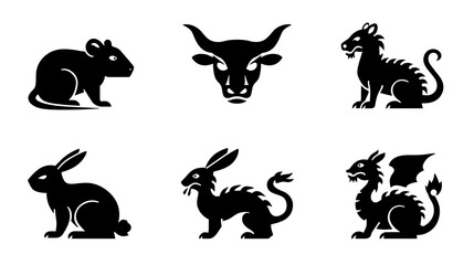 Obraz premium Rat, Ox, Tiger, Rabbit, and Dragon Flat Pictograms on White Background