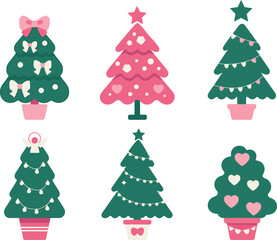 Six Christmas trees with ornaments and decorations