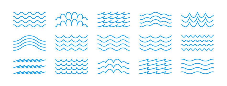 Linear Water waves icons set. Wavy zigzag lines with editable strokes. Blue sea for summer posters and banners. Vector simple minimalist illustration. Flat style.