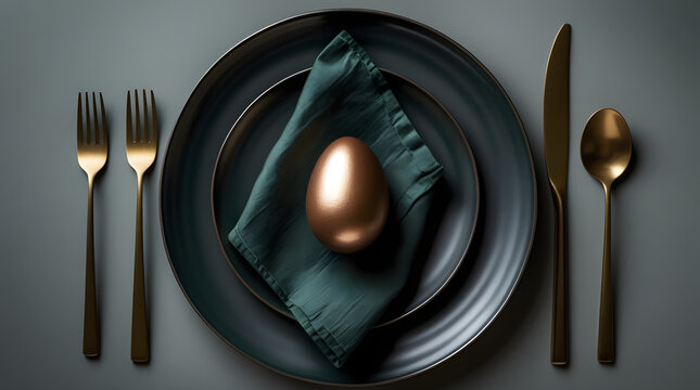 Elegant dark ceramic dinner plate with metallic bronze Easter egg top view