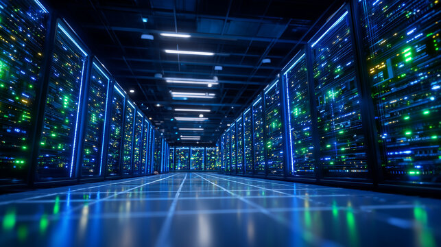 Central aisle shot of a modern data center, rows of symmetrical server cabinets illuminated by vibrant blue and green lights, ceiling-mounted cooling systems and structured cabling