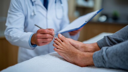 Detailed medical examination scene with a doctor checking foot reflexes using a small reflex hammer, patient seated comfortably on examination table, calm and professional clinic a