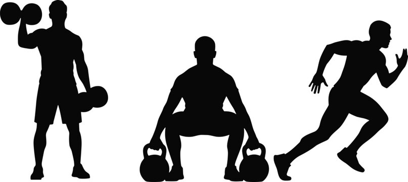 Black vector silhouette set of athletic men performing dumbbell lifts kettlebell squats and sprinting for gym fitness center bodybuilding and sports training branding