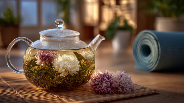 Cinematic close up of blooming tea in a clear teapot, petals forming a delicate floral display, yoga mat rolled neatly next to the teapot, soft ambient light emphasizing textures o