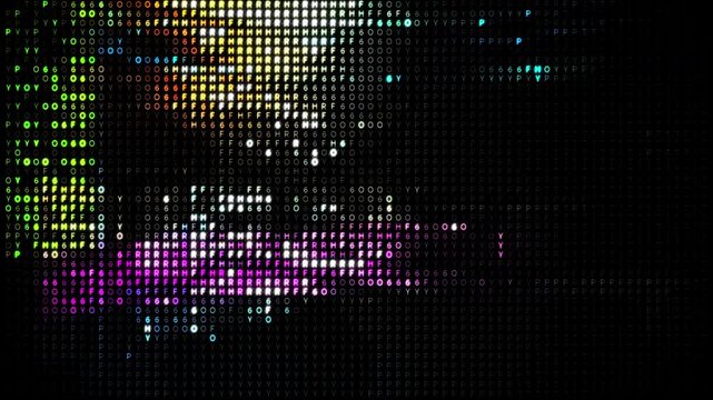 Colorful matrix of glowing alphanumeric characters forming abstract data visualization, evoking programming, artificial intelligence, encryption systems and big data processing