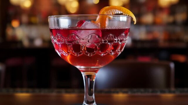 Cosmopolitan cocktail garnished with orange zest in a stylish glass on a bar counter