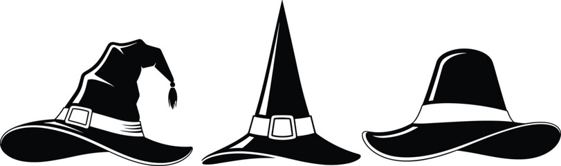 Black vector silhouette set of mystical witch hats and wizard headwear with buckles and tassels for halloween costume party magic fantasy and spooky branding (24 words) © MstKhodeza