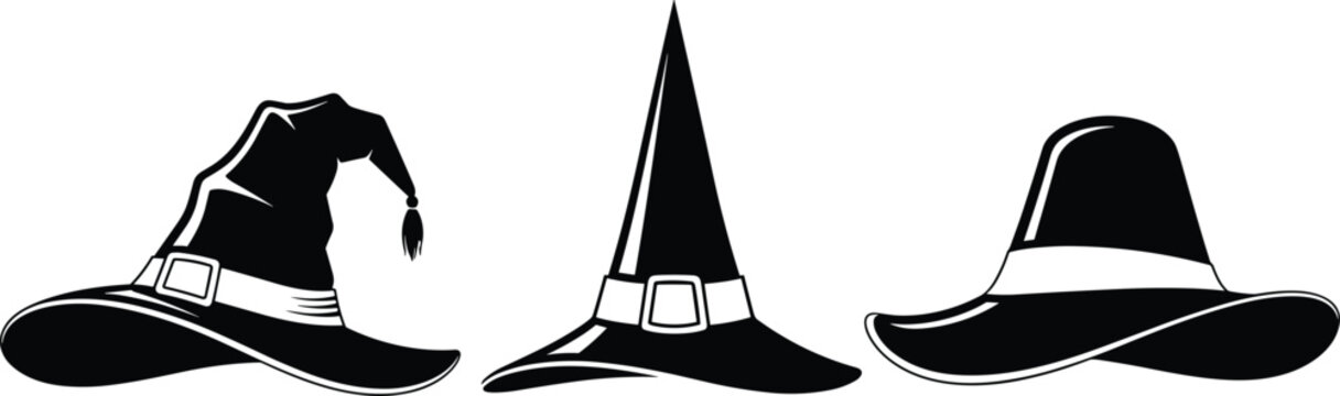 Black vector silhouette set of mystical witch hats and wizard headwear with buckles and tassels for halloween costume party magic fantasy and spooky branding (24 words)