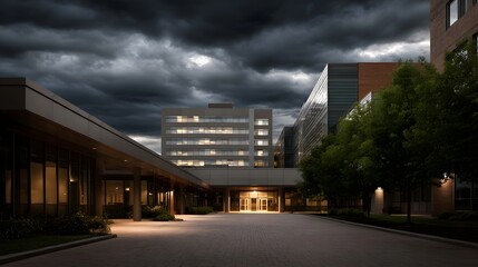 Obraz premium Modern institutional building under a dramatic stormy sky at twilight