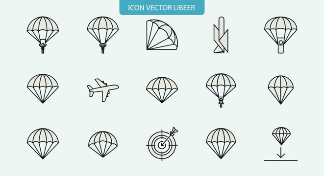 Parachute icons set, parachuting and skydiving symbols