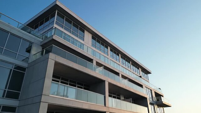 Modern apartment building with balconies against clear blue sky.