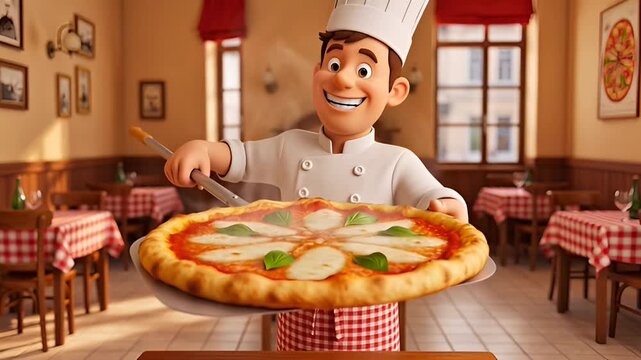 Cheerful animated chef presenting a steaming Margherita pizza in a traditional Italian restaurant setting. Freshly baked food concept.