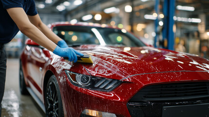 Ultra-detailed shot of paint protection film being applied to a red car hood, squeegee pressing firmly along edges, smooth glossy finish emerging as bubbles and wrinkles vanish, am