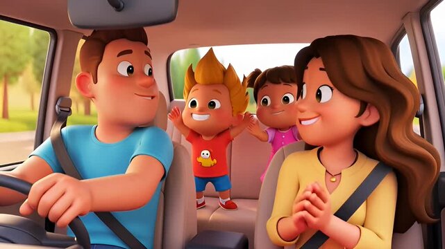 Animated family on a car journey. Father, mother, and two happy children enjoying a road trip adventure.