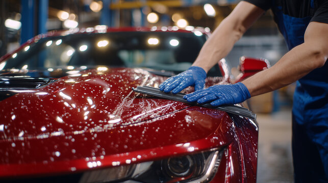Artistic close up of a gloved hand maneuvering a squeegee across a red car hood, clear film stretching seamlessly, reflections of workshop lights dancing on metallic surface, tiny