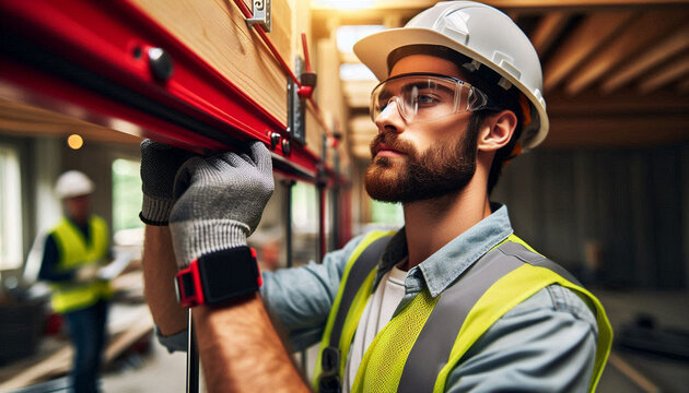 Professional builder adjusting telescopic steel strut to support wooden formwork at construction site