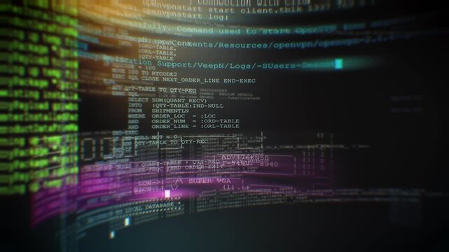 Layered source code lines with depth and light reflections, presenting database queries, backend logic and software development workflows in a high tech digital environment.