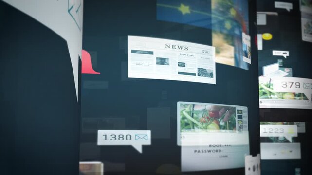 Rotating cylindrical stream of social media feeds, notifications and content panels illustrating digital communication, online marketing, news distribution and virtual community interaction.