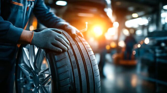 Automobile maintenance action automotive workshop, car wheel close-up, industrial environment viewpoint, vehicle care concept, service detail, with copy space
