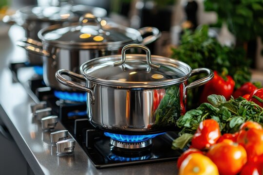 Stainless steel saucepans on a stove with fresh vegetables