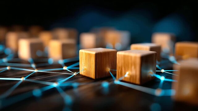 Carefully designed high-detail image featuring wooden cubes forming network structure, neon-glowing connection lines symbolizing digital transformation, with copy space