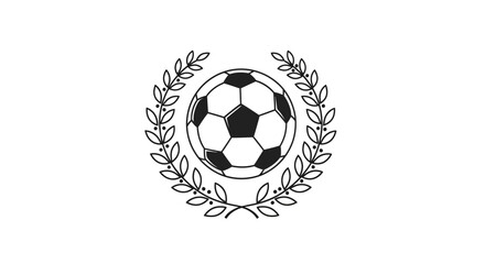 Obraz premium Solid Black Soccer Ball with Laurel Wreath Emblem Line Art on Isolated White Background