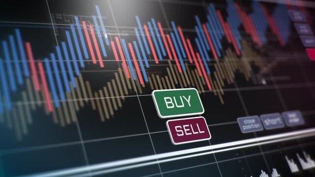 Financial trading interface with candlestick chart and prominent buy and sell buttons, depicting stock market volatility, investment strategy and real time analytics on a digital dashboard.