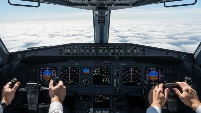 Airplane Dashboard Commercial Jet Cockpit Flying Above Clouds with Modern Digital Flight Displays