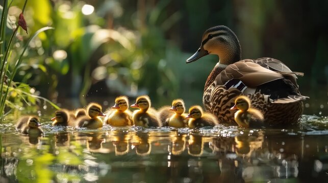Mother duck with ducklings in a pond.  A mother duck leads her young ducklings through a tranquil pond.  Sunlight illuminates the scene