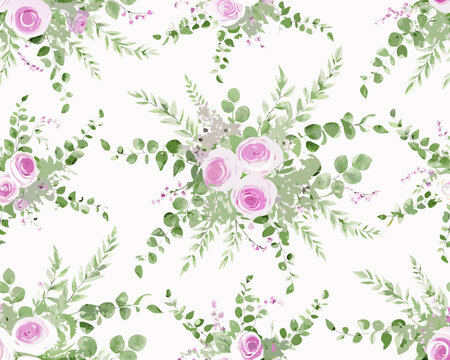 Watercolor floral pattern with pink roses and delicate green foliage