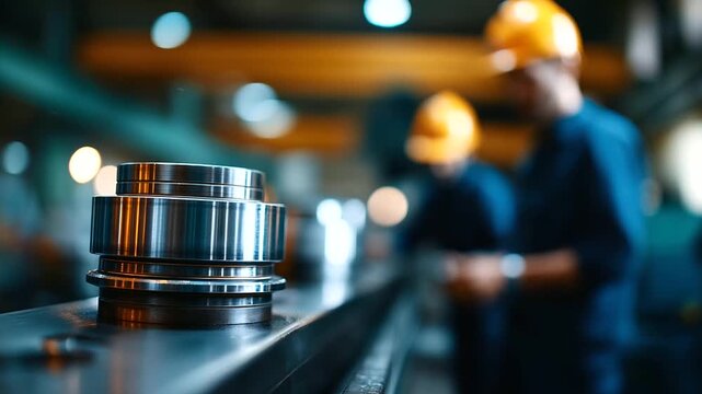 Close-up of sleek component on assembly line, defocused technicians in background adjusting parts, soft industrial lights highlighting metallic surfaces, with copy space