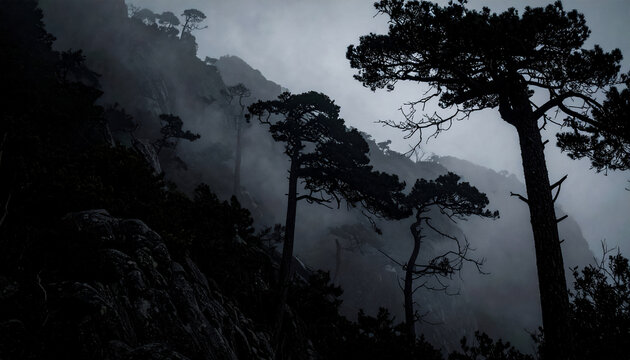 Mysterious dark forest with twisted ancient trees covered in moss and surrounded by dense blue fog, the eerie woodland. Concept of mystery, fantasy, fear, solitude, and untouched nature